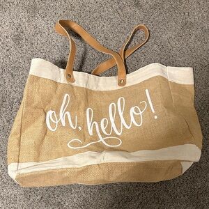 Tan and Cream Tote Bag with 'Oh, Hello!' Print